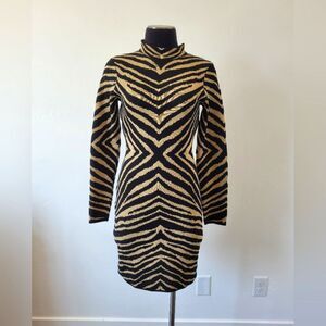 Zebra Print Bodycon Knit Dress Mock Neck Long Sleeve Club Party Mob Wife Small